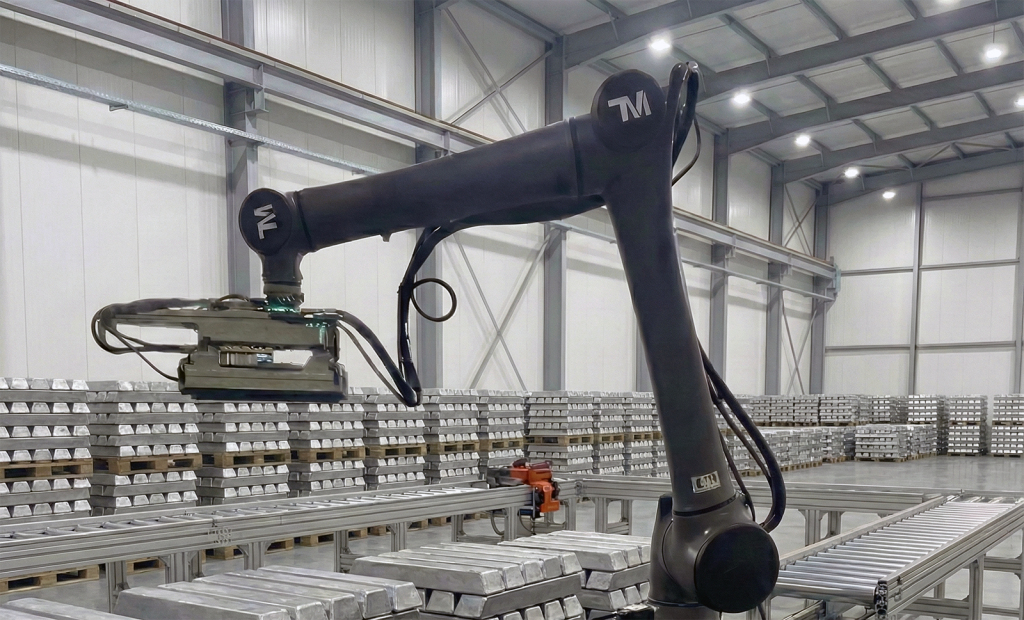 Cobot com Visão de IA no Paletização de Alumínio